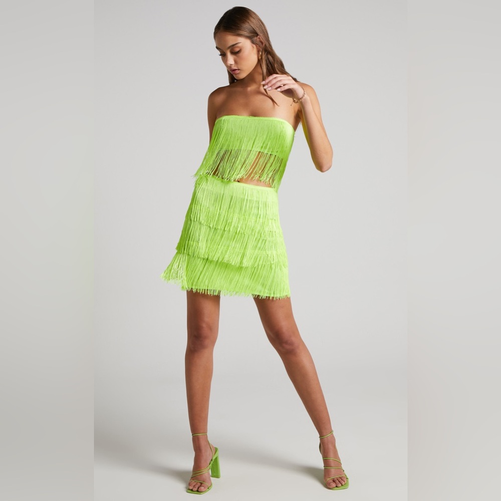 Showpo Soifra Two Piece Fringe Crop Top and Mini Skirt in Lime